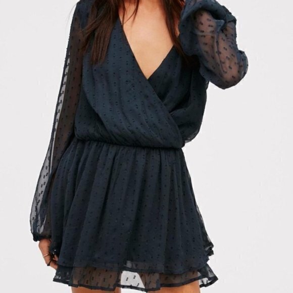 Free People Sheer Textured Long Sleeve Surplice Mini Dress Top S Dark Navy Blue - Picture 1 of 16